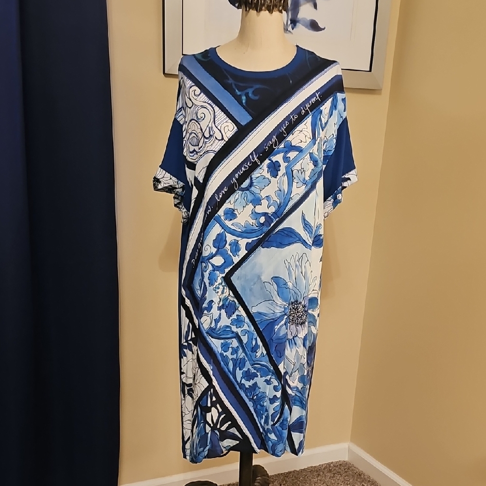 Desigual Blue and White Patterned Midi Dress